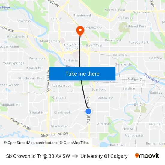 Sb Crowchild Tr @ 33 Av SW to University Of Calgary map