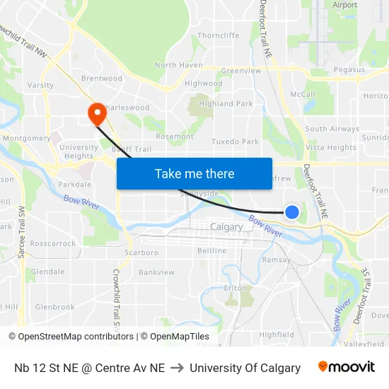 Nb 12 St NE @ Centre Av NE to University Of Calgary map