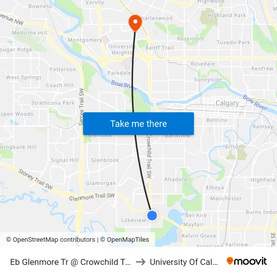 Eb Glenmore Tr @ Crowchild Tr SW to University Of Calgary map