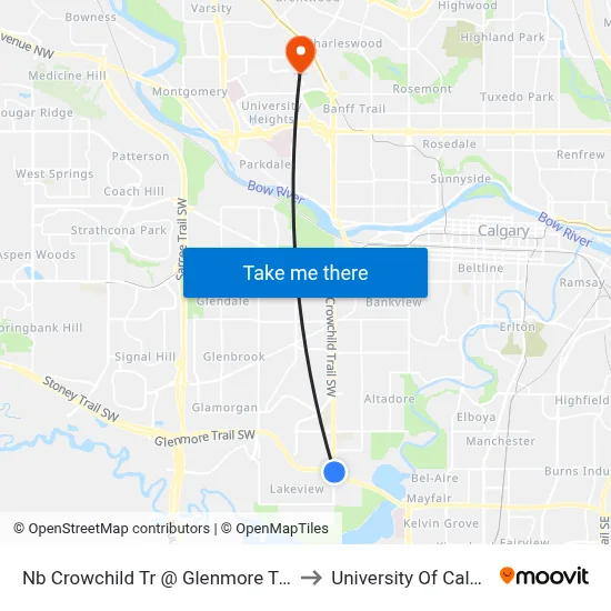 Nb Crowchild Tr @ Glenmore Tr SW to University Of Calgary map