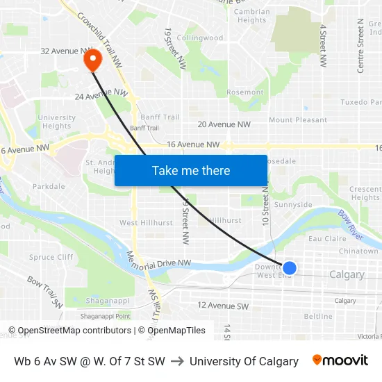 Wb 6 Av SW @ W. Of 7 St SW to University Of Calgary map