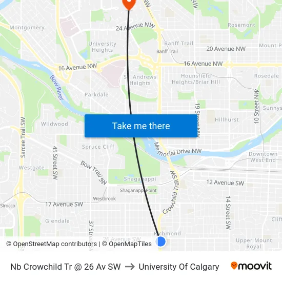 Nb Crowchild Tr @ 26 Av SW to University Of Calgary map