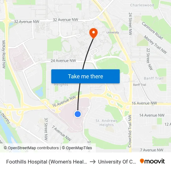 Foothills Hospital (Women's Health Centre) to University Of Calgary map