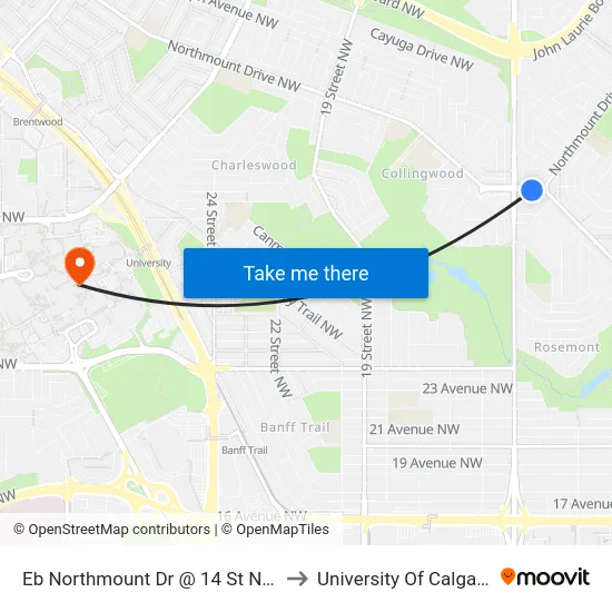 Eb Northmount Dr @ 14 St NW to University Of Calgary map