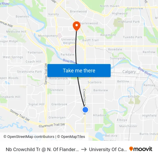 Nb Crowchild Tr @ N. Of Flanders Av SW to University Of Calgary map