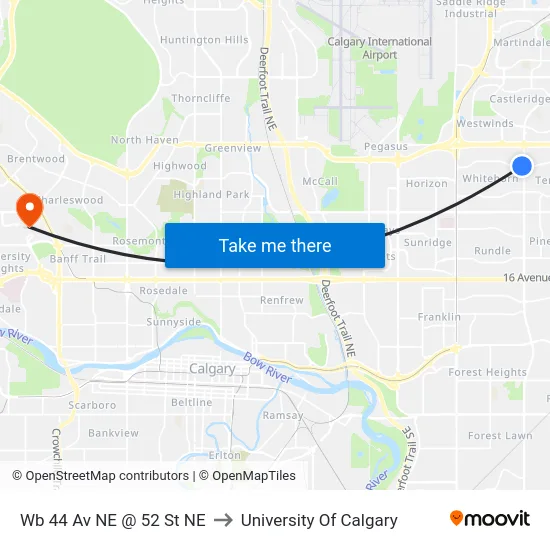 Wb 44 Av NE @ 52 St NE to University Of Calgary map