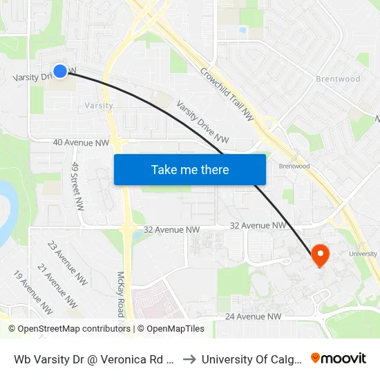 Wb Varsity Dr @ Veronica Rd NW to University Of Calgary map