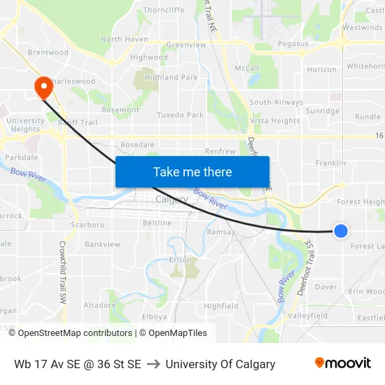 Wb 17 Av SE @ 36 St SE to University Of Calgary map