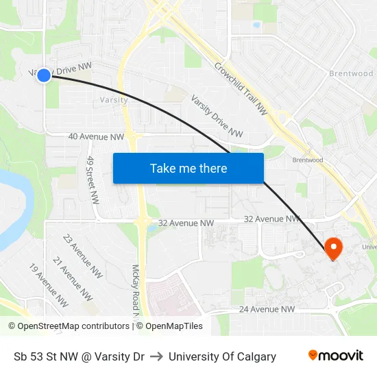 Sb 53 St NW @ Varsity Dr to University Of Calgary map