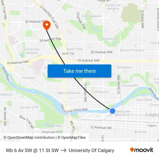 Wb 6 Av SW @ 11 St SW to University Of Calgary map