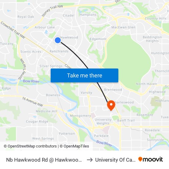 Nb Hawkwood Rd @ Hawkwood Wy NW to University Of Calgary map