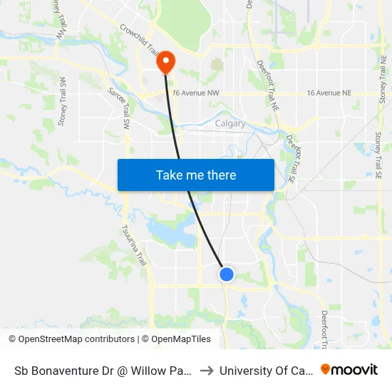 Sb Bonaventure Dr @ Willow Park Dr SE to University Of Calgary map