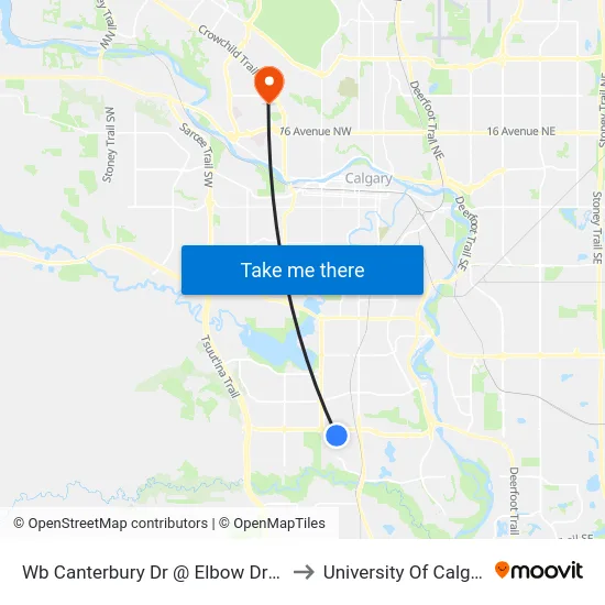 Wb Canterbury Dr @ Elbow Dr SW to University Of Calgary map