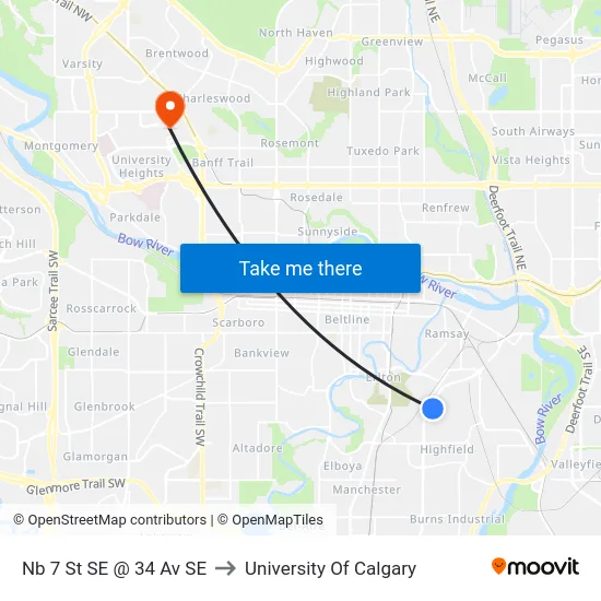 Nb 7 St SE @ 34 Av SE to University Of Calgary map
