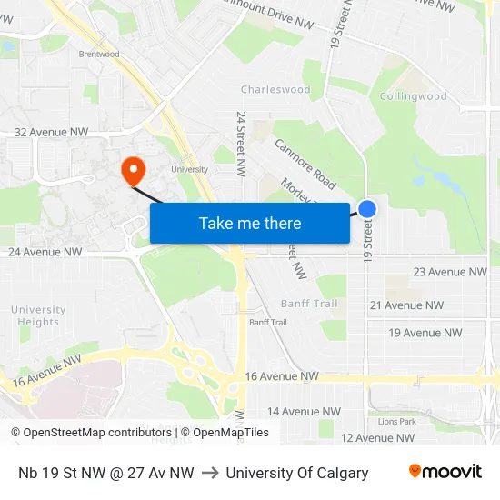 Nb 19 St NW @ 27 Av NW to University Of Calgary map