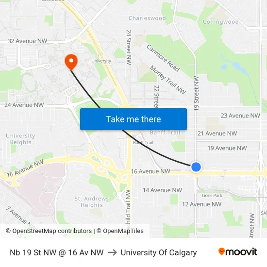 Nb 19 St NW @ 16 Av NW to University Of Calgary map