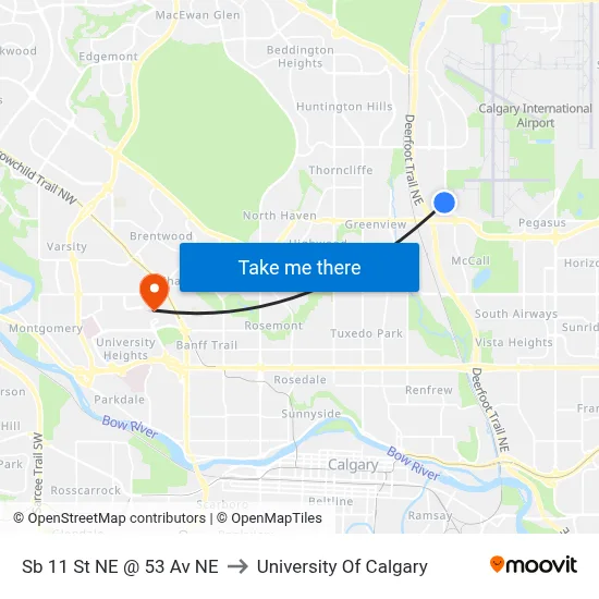 Sb 11 St NE @ 53 Av NE to University Of Calgary map