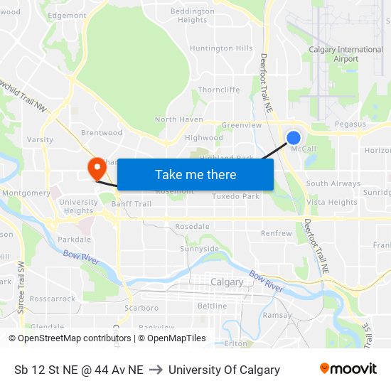 Sb 12 St NE @ 44 Av NE to University Of Calgary map