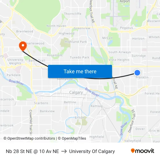 Nb 28 St NE @ 10 Av NE to University Of Calgary map