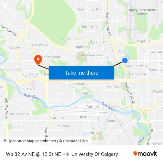 Wb 32 Av NE @ 12 St NE to University Of Calgary map