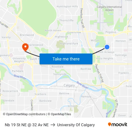 Nb 19 St NE @ 32 Av NE to University Of Calgary map