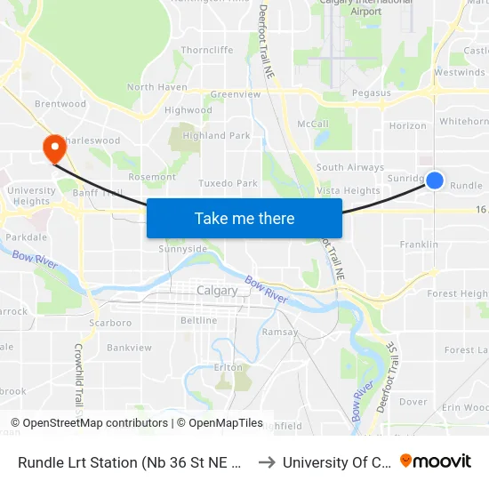 Rundle Lrt Station (Nb 36 St NE @ 25 Av Ne) to University Of Calgary map