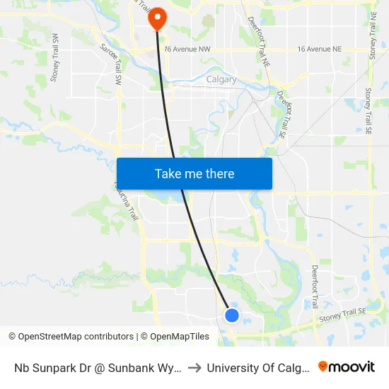 Nb Sunpark Dr @ Sunbank Wy SE to University Of Calgary map