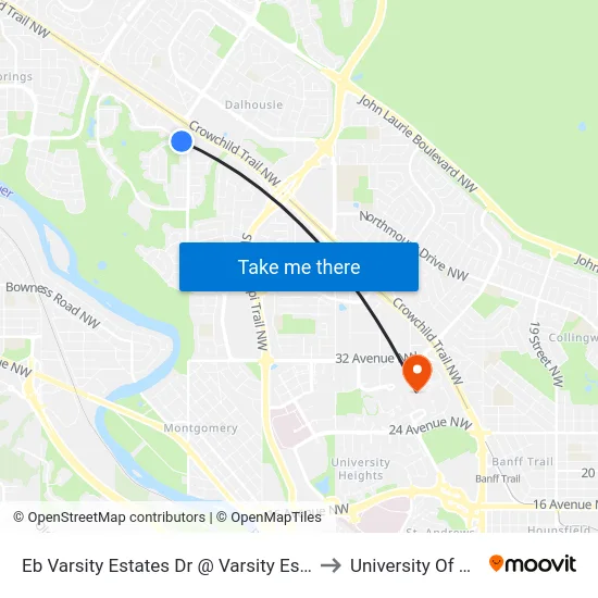 Eb Varsity Estates Dr @ Varsity Estates Rd NW to University Of Calgary map