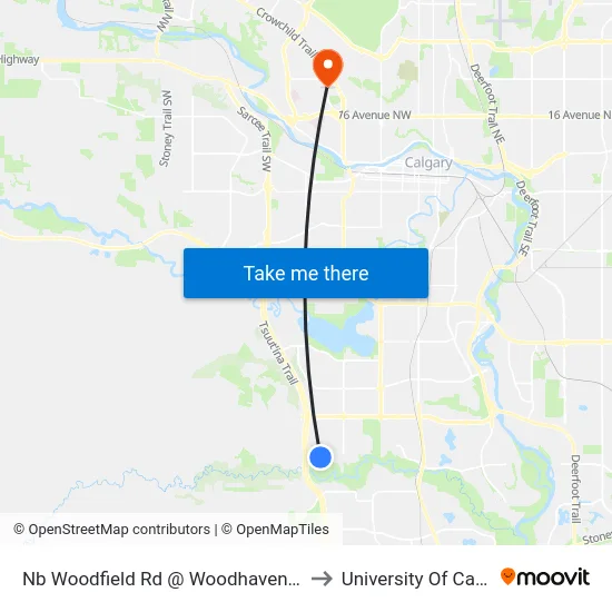 Nb Woodfield Rd @ Woodhaven Rd SW to University Of Calgary map
