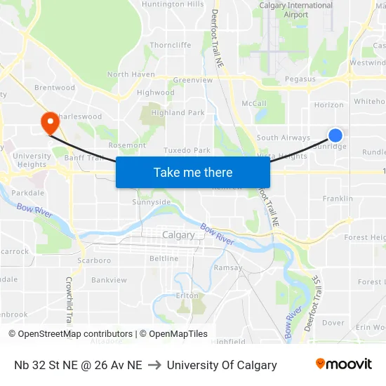 Nb 32 St NE @ 26 Av NE to University Of Calgary map