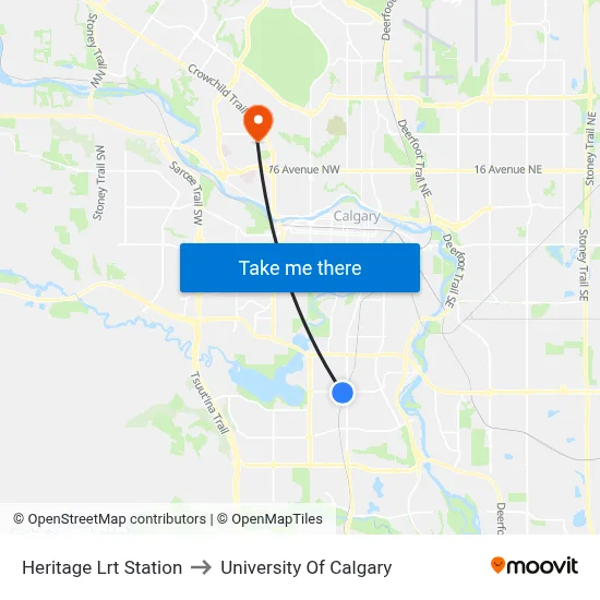 Heritage Lrt Station to University Of Calgary map