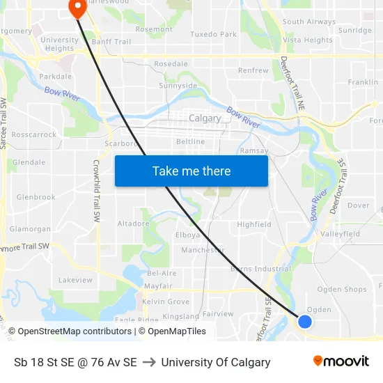 Sb 18 St SE @ 76 Av SE to University Of Calgary map