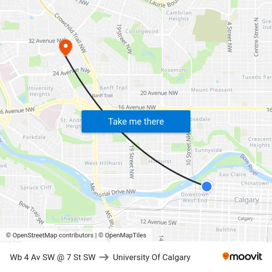 Wb 4 Av SW @ 7 St SW to University Of Calgary map