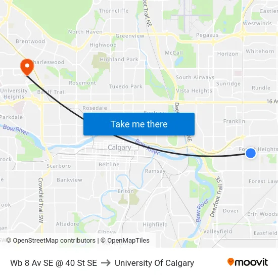 Wb 8 Av SE @ 40 St SE to University Of Calgary map