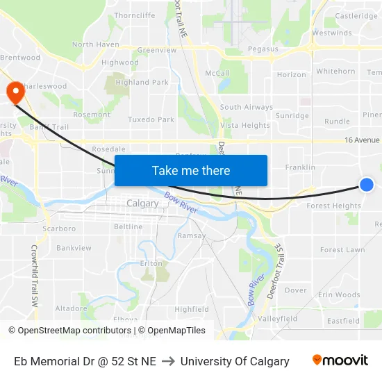 Eb Memorial Dr @ 52 St NE to University Of Calgary map