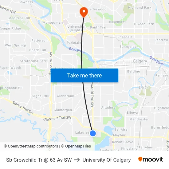 Sb Crowchild Tr @ 63 Av SW to University Of Calgary map
