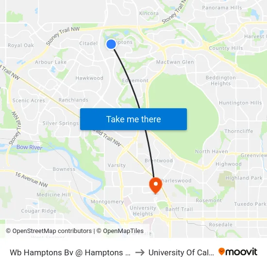 Wb Hamptons Bv @ Hamptons Sq NW to University Of Calgary map