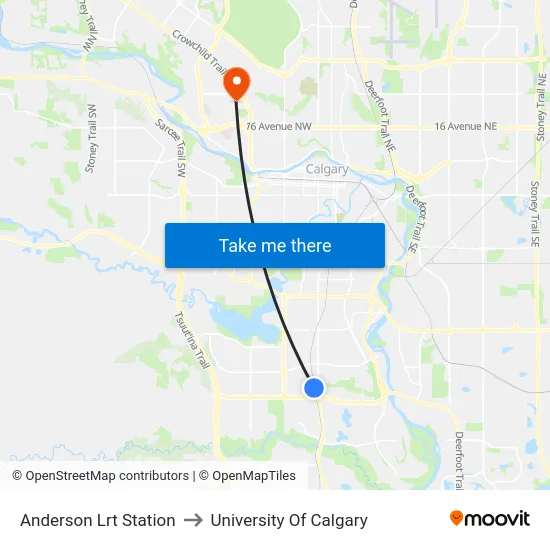 Anderson Lrt Station to University Of Calgary map