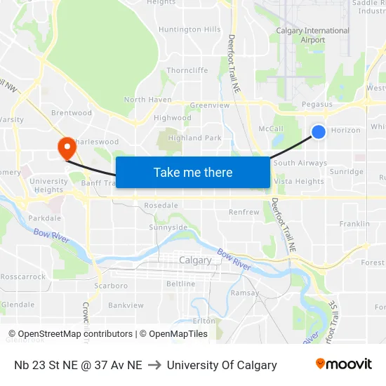 Nb 23 St NE @ 37 Av NE to University Of Calgary map