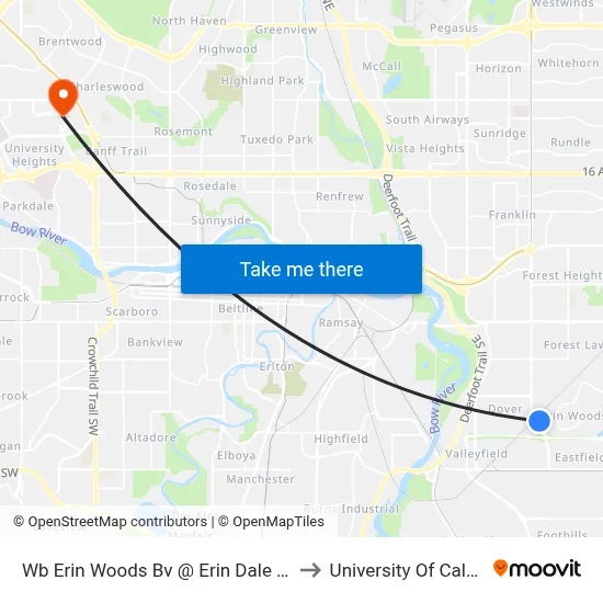 Wb Erin Woods Bv @ Erin Dale Cr SE to University Of Calgary map