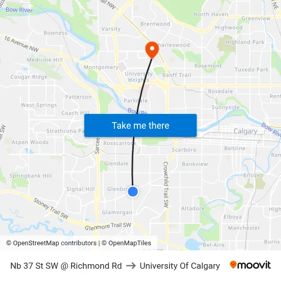 Nb 37 St SW @ Richmond Rd to University Of Calgary map