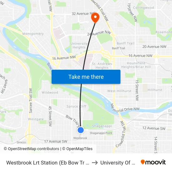 Westbrook Lrt Station (Eb Bow Tr @ 33 St Sw) to University Of Calgary map
