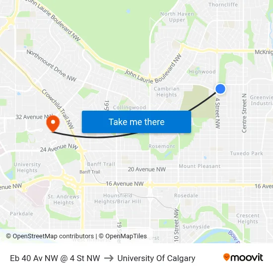 Eb 40 Av NW @ 4 St NW to University Of Calgary map
