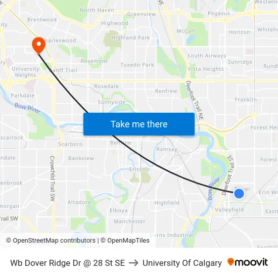 Wb Dover Ridge Dr @ 28 St SE to University Of Calgary map