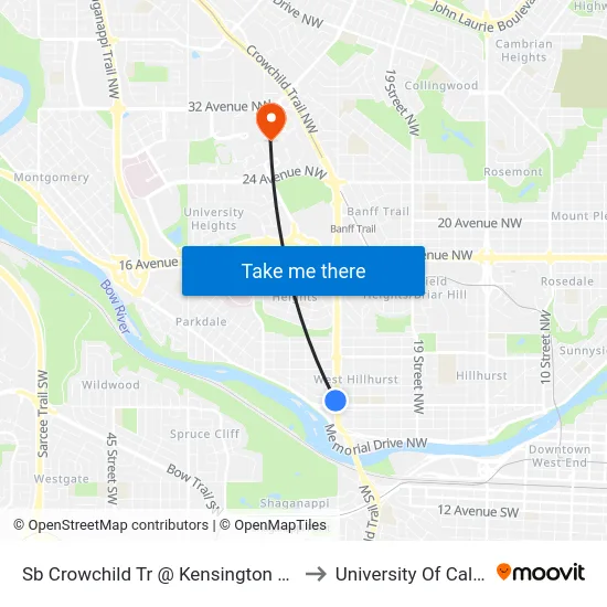 Sb Crowchild Tr @ Kensington Rd NW to University Of Calgary map