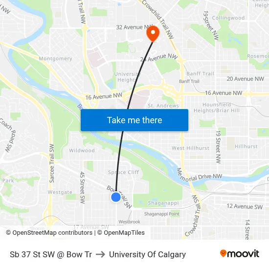 Sb 37 St SW @ Bow Tr to University Of Calgary map