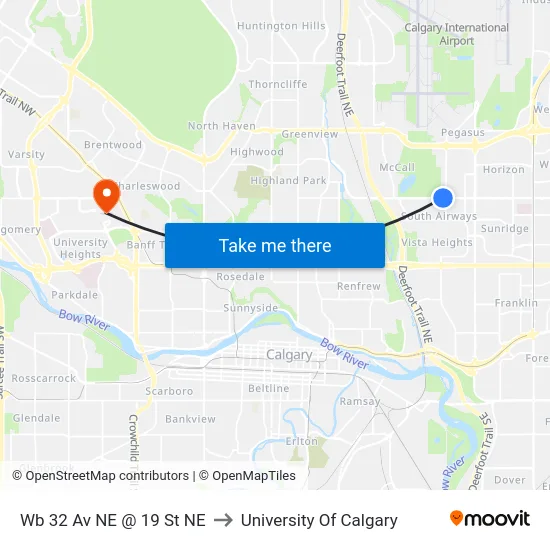 Wb 32 Av NE @ 19 St NE to University Of Calgary map