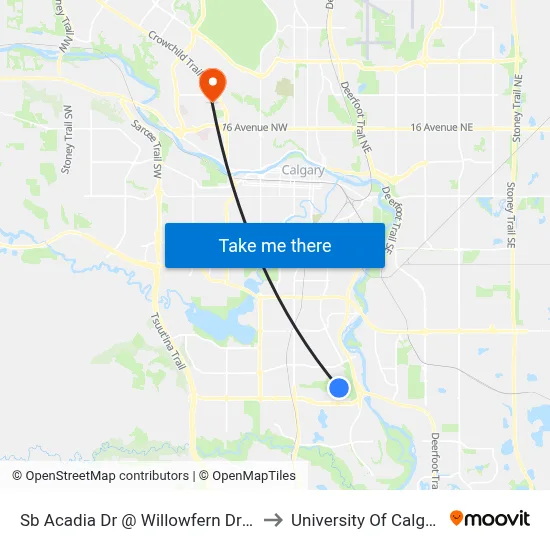 Sb Acadia Dr @ Willowfern Dr SE to University Of Calgary map