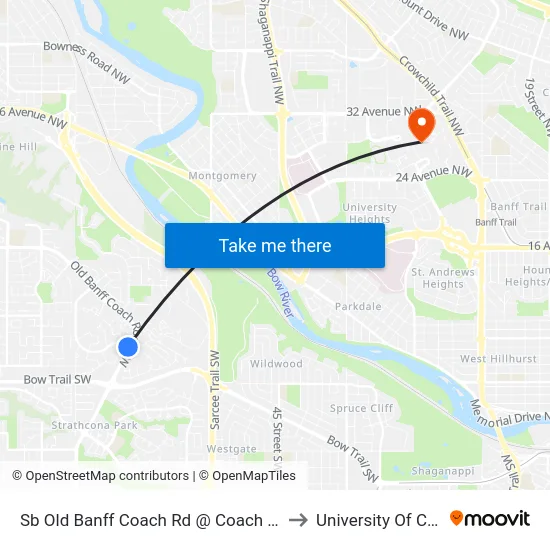 Sb  Old Banff Coach Rd @ Coach Hill Rd SW to University Of Calgary map