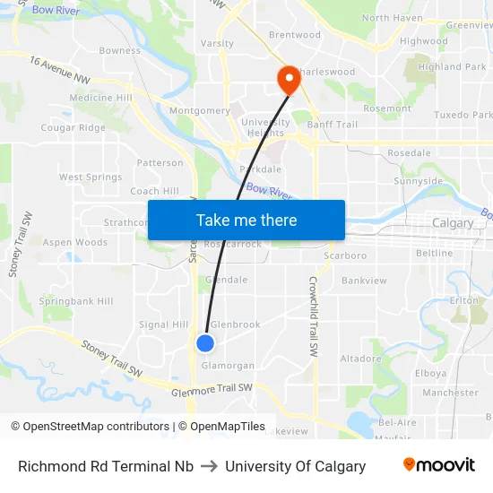 Richmond Rd Terminal Nb to University Of Calgary map